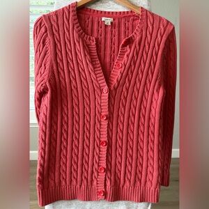 L.L. Bean Cable-Knit Cardigan Sweater Coral 100% Cotton V-Neck Button M